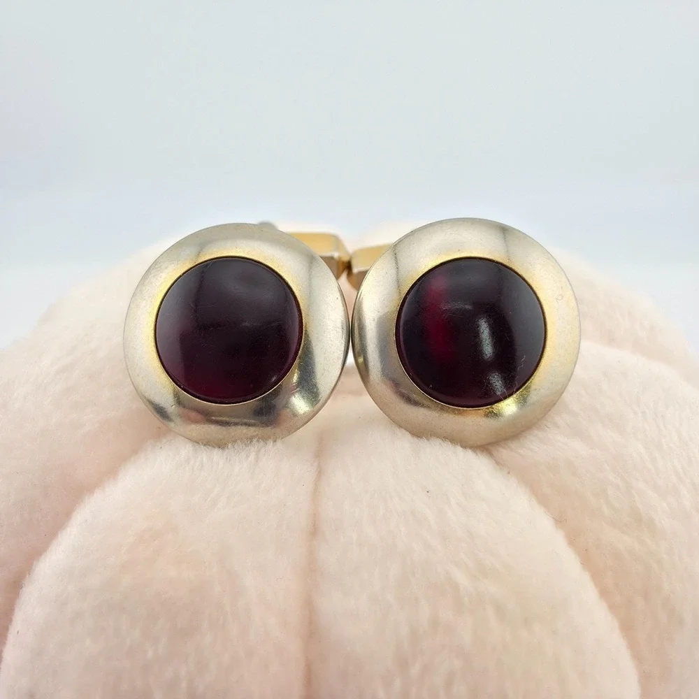 Vtg 80 Yr Old SWANK Cufflinks Deep Red Glass Cabochon Mid-Century Gold Plate